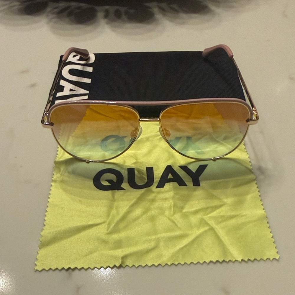 Quay Australia Pink Gold Aviator Sunglasses with Yellow Gradient Lenses